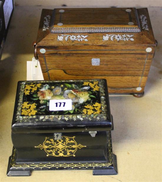 Vict floral mother of pearl-inlaid rosewood sarcophagus 2-dvision tea caddy & painted & inlaid papier mache bombe-shaped caddy (af)